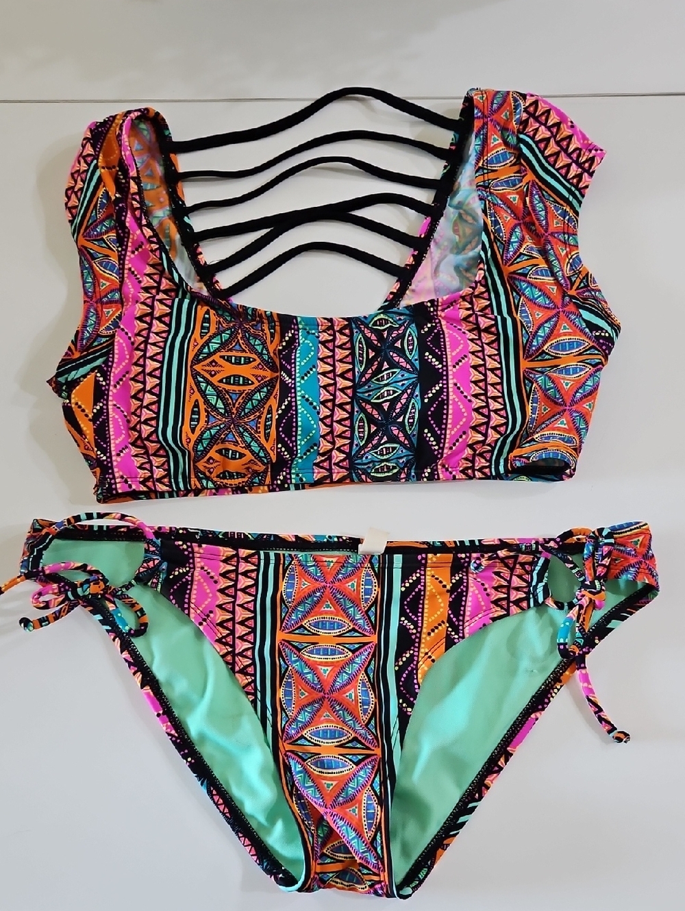 Hobie Neon Tribal Print Bikini Set with Mint Lining